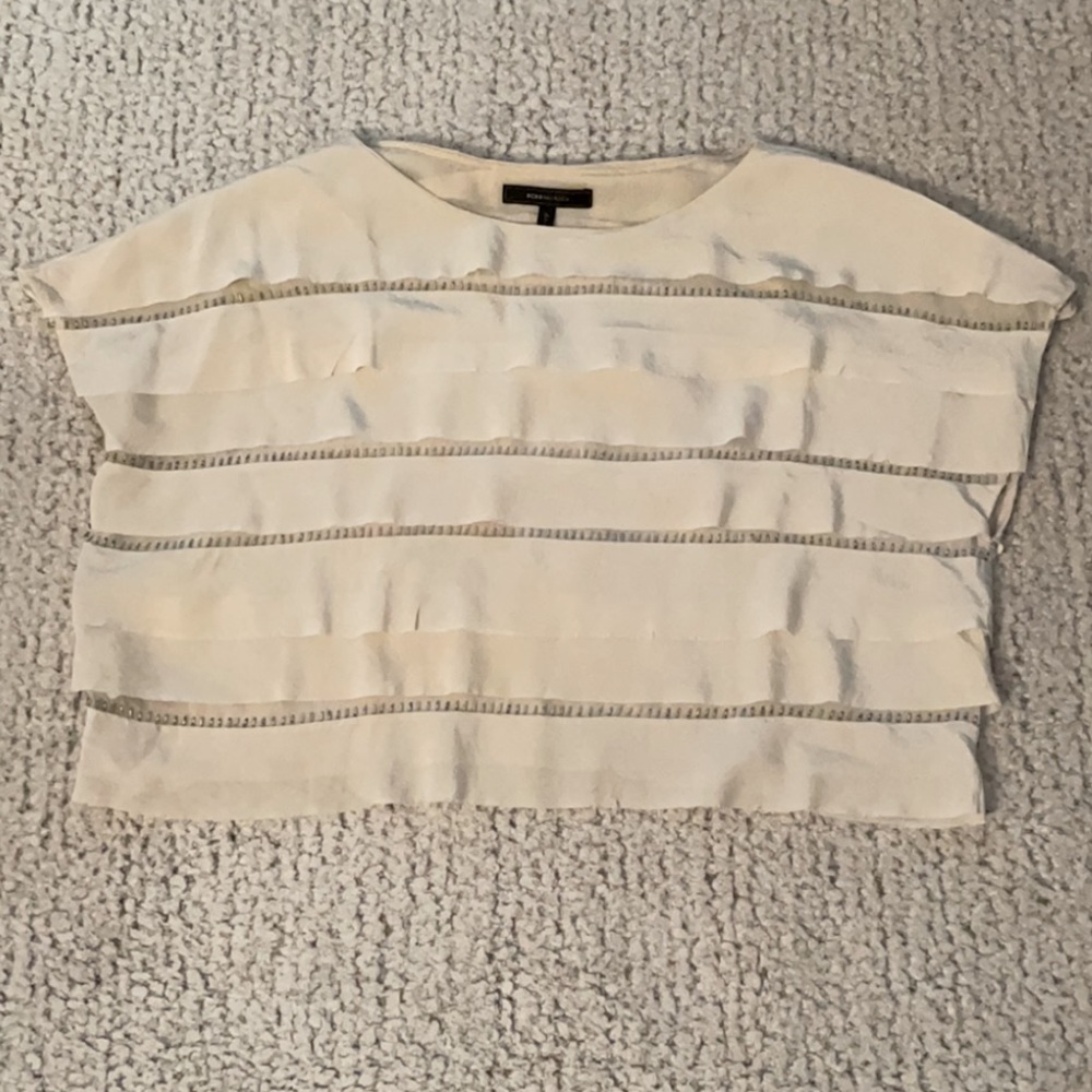 BCBGMaxAzria Cream Layered Ruffle Short Sleeve Blouse